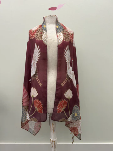 Burgundy-Multi Crane & Floral Scarf