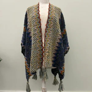 Colorful Crochet Patterned Ruana Poncho with Tassels - blue, One Size