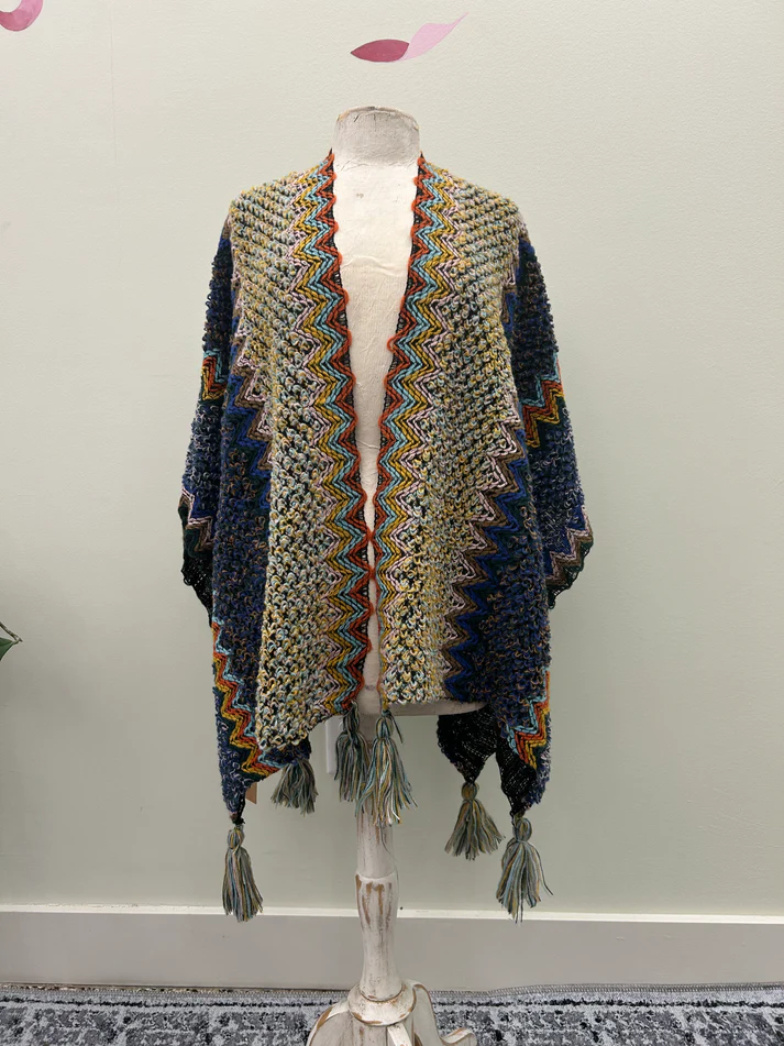 Colorful Crochet Patterned Ruana Poncho with Tassels - blue, One Size