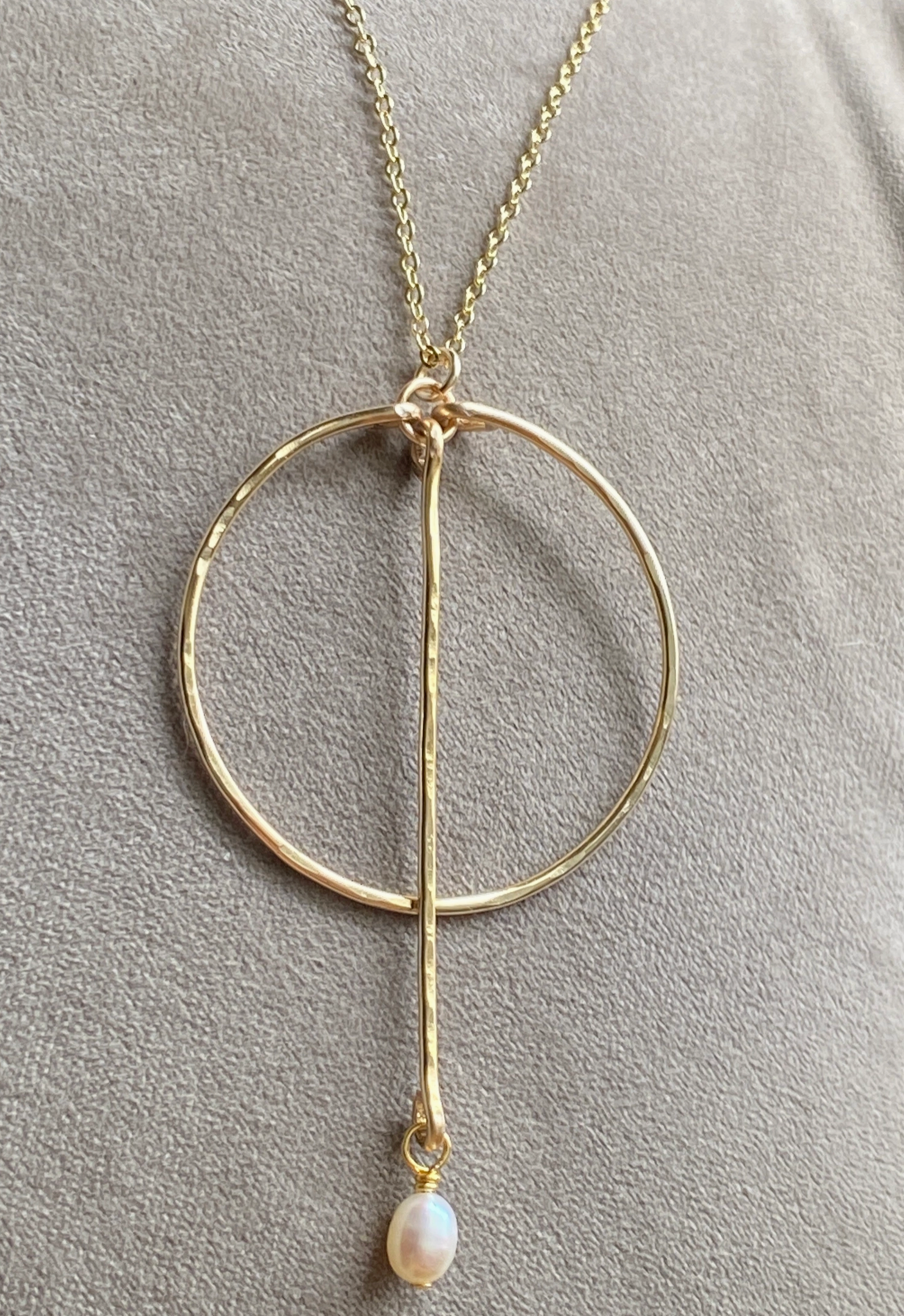 Gold Hoop Necklace Freshwater Pearl Bar Hammered