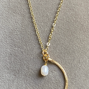 Gold Hammered Crescent and Pearl Necklace