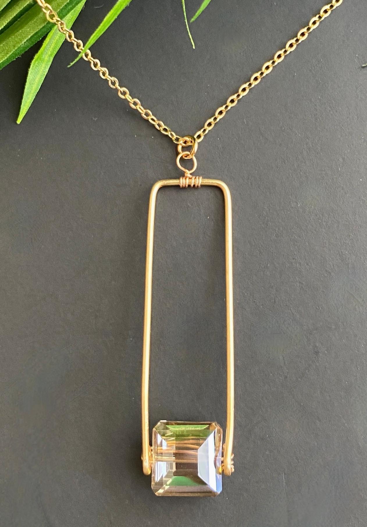 Crystal Necklace with Gold Rectangle Drop Pendant and Chain