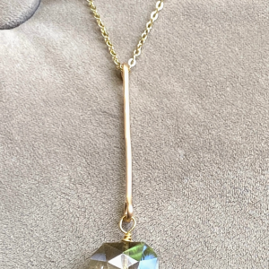 Gold Bar Large Crystal Pendant Necklace Chain Drop Hammered